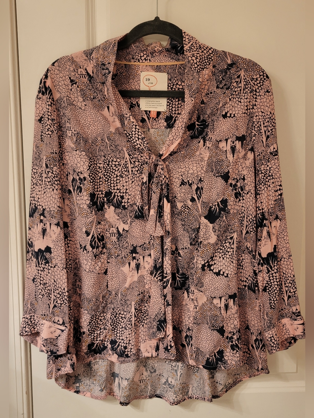 19 of 52 Conversations By Anthropologie Pink and Navy Button Down Bow Blouse